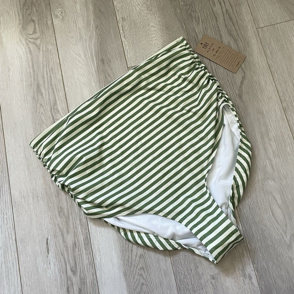 Albion Bikini Bottoms NWT sage striped ruched high waisted womens Green (xlarge) - Picture 3 of 6